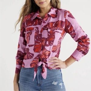Sofia Vergara Linen Blend Button Up Tie Front Shirt Tropical Lavender Red Size M